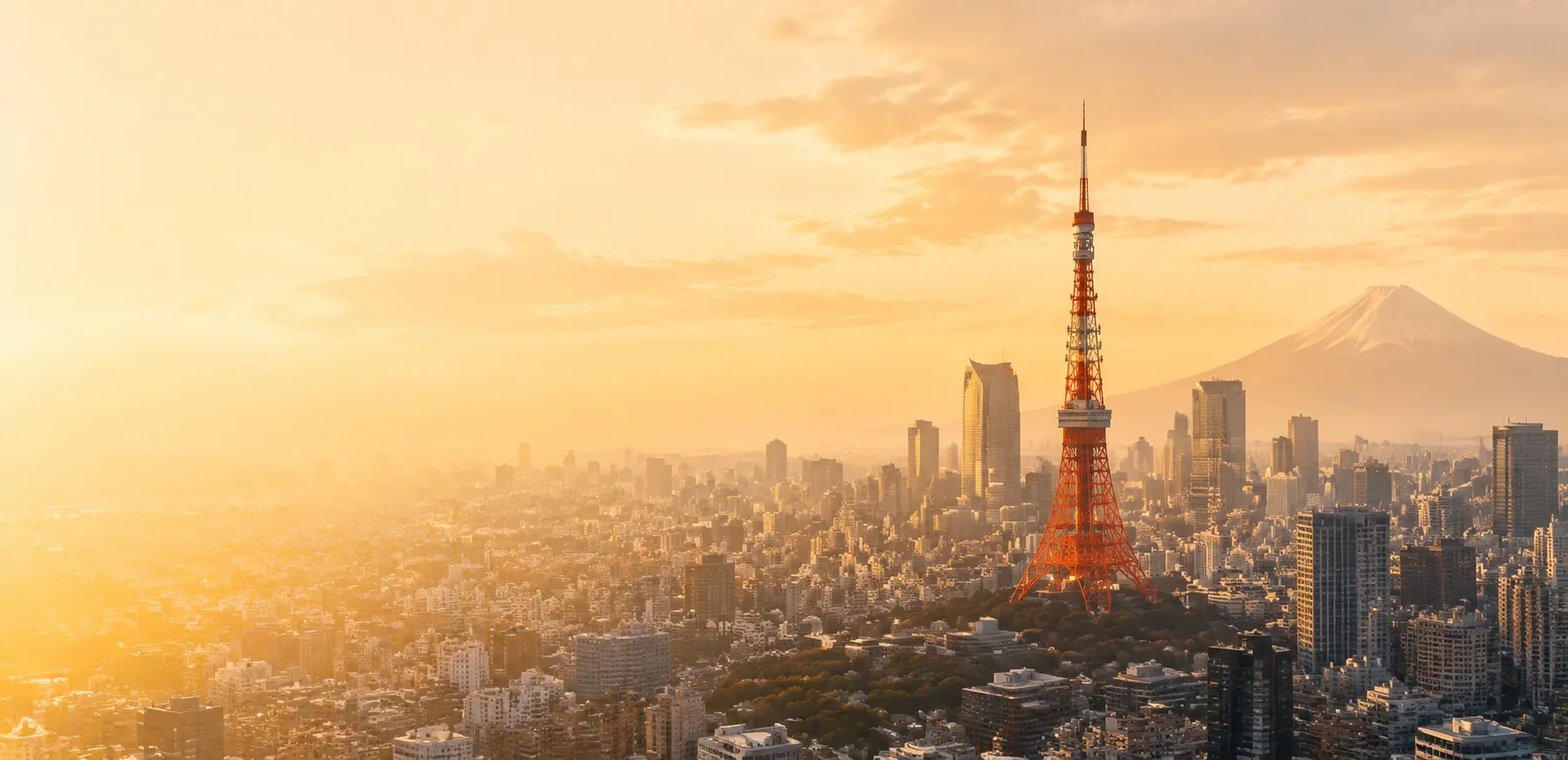 東京タワーと富士山を望む東京の風景